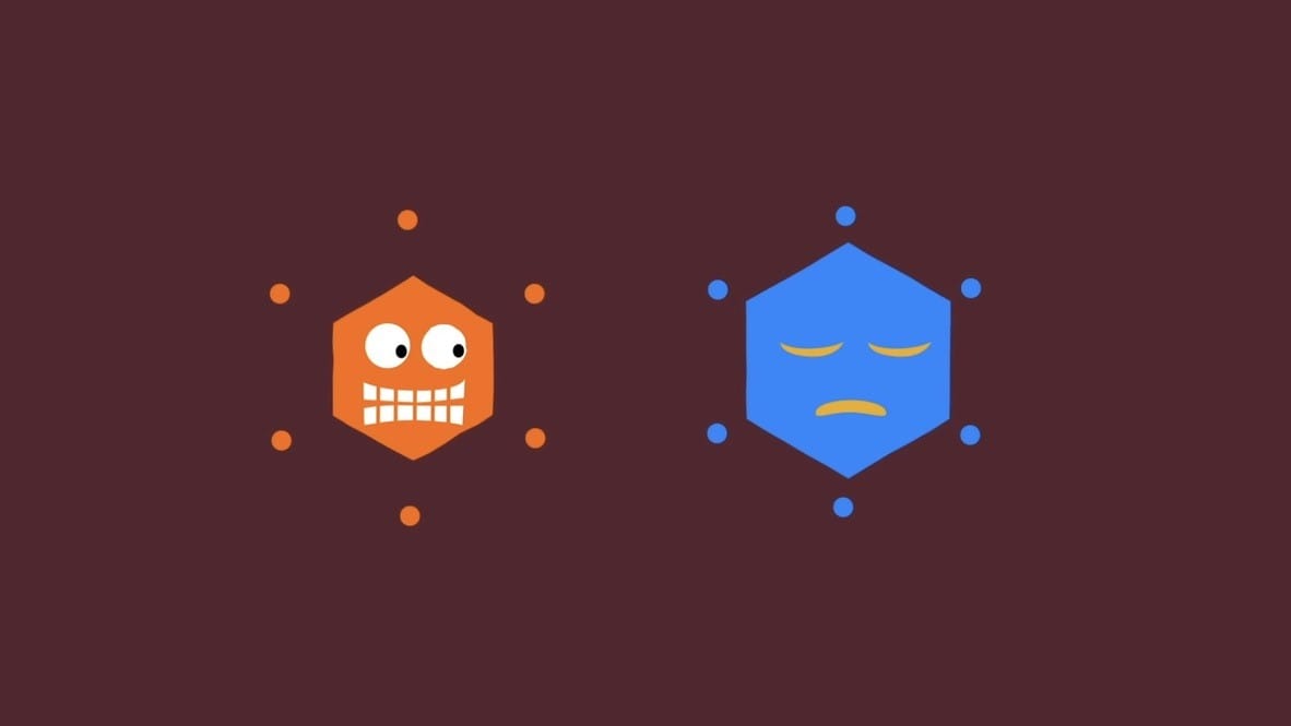 A blue and orange hexagons with faces

Description automatically generated